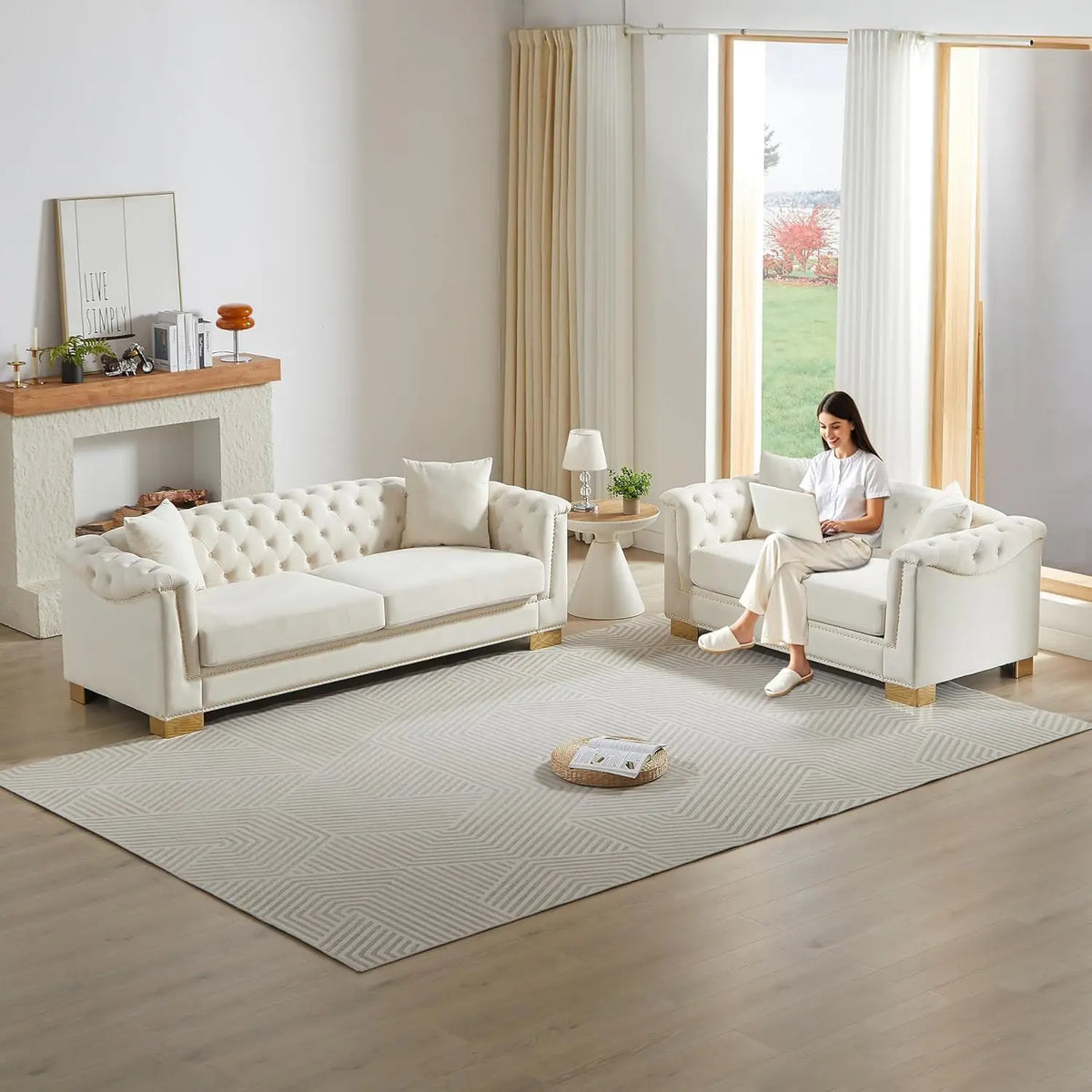 #2 Pieces 84" 3-Seater + 62" Loveseat Beige Velvet Sofa Sets, 4 Cushion Classic 6.5" Rolled Arm Modern, Customized