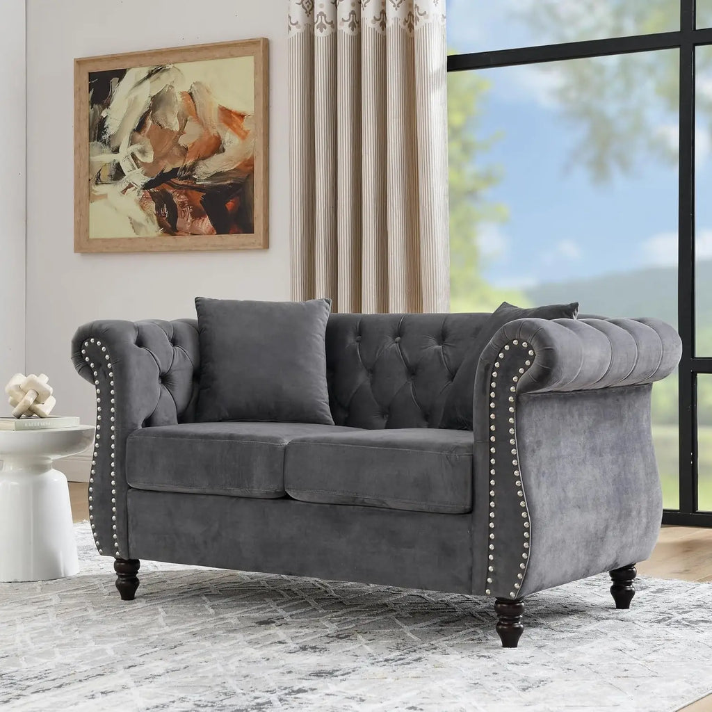 59" Chesterfield Loveseat Velvet Tufted Sofa with Rolled Arms & Nailhead for Living Room Bedroom Office, Grey, Customized