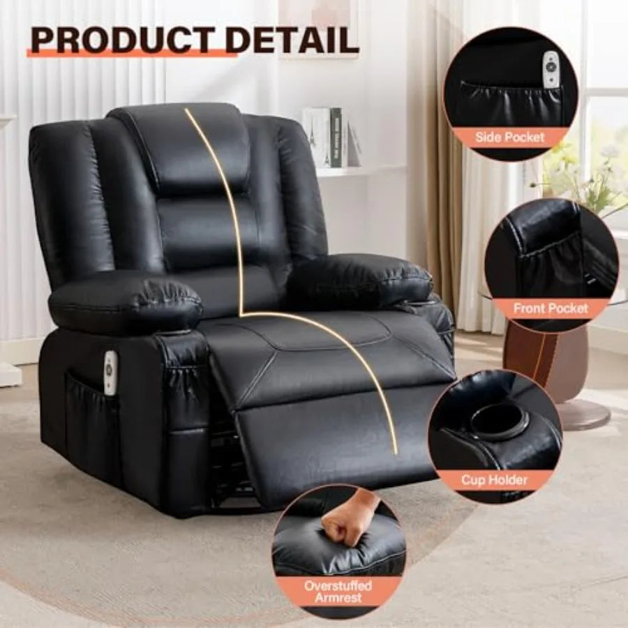 Swivel Rocker Recliner Chair with Vibration Massage and Heat for Living Room, with Rocking Function and Side Pocket, PU Leather