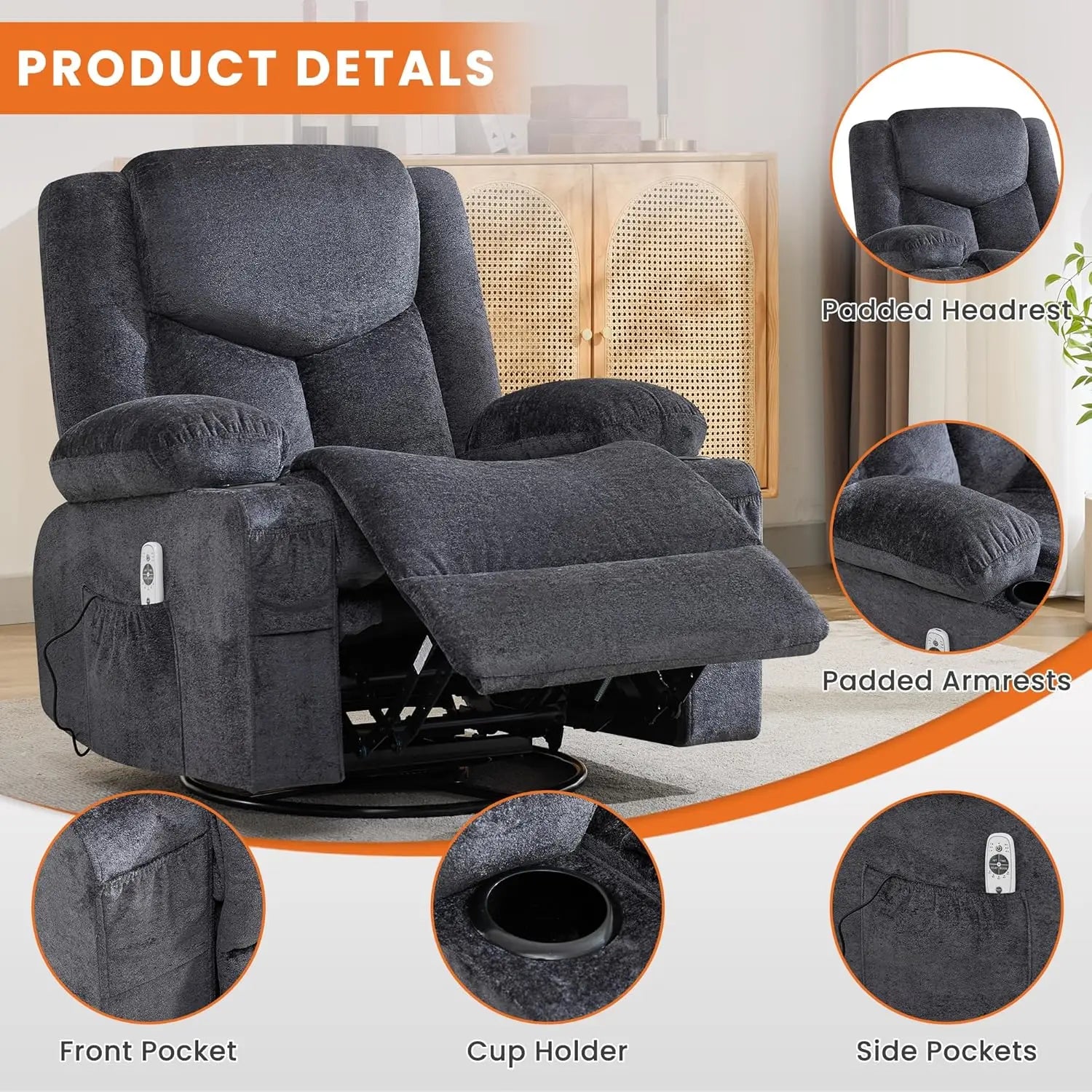 Swivel Recliner Chair w/ Massage & Heat, Rocker, Side Pocket & 2 Cup Holders, Living Room, Customized