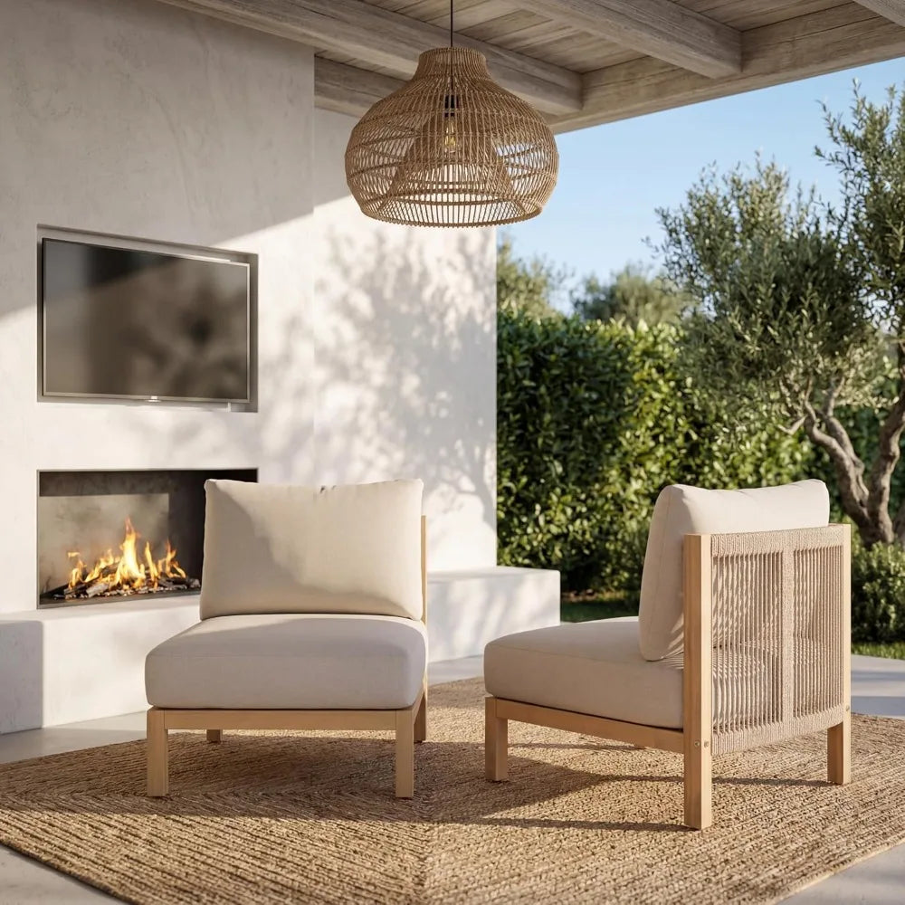 Acacia Wood Patio Club Chair Set of 2, Outdoor Woven Lounge with Beige Cushion and Light Teak Frame