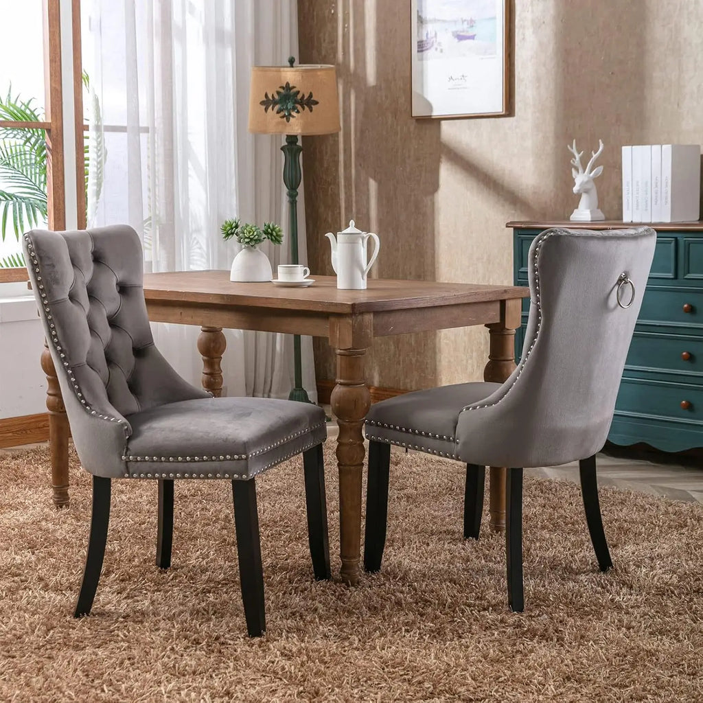 7-Piece Round Dining Table Set for 6, 47" Black Farmhouse Kitchen Table with 6 Gray Velvet Tufted Chairs, Modern Circle, Custom