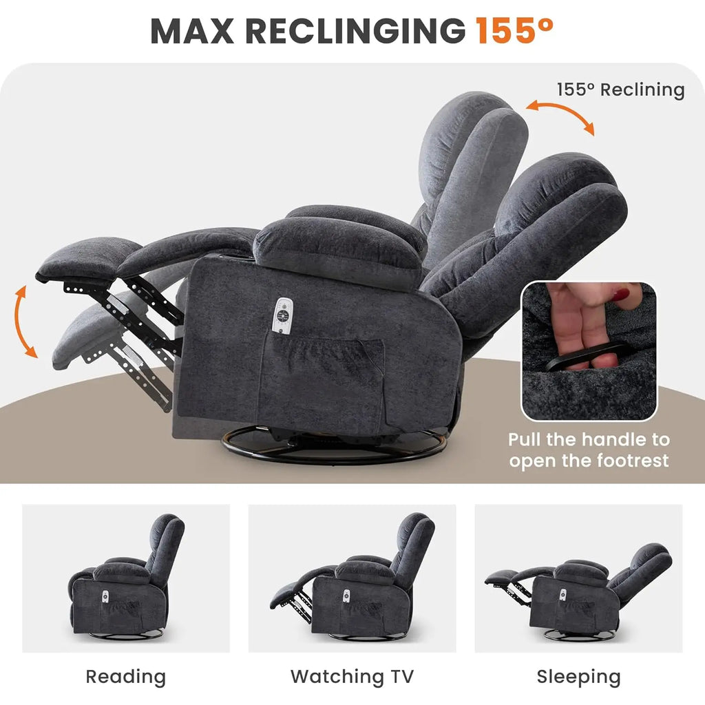 Swivel Recliner Chair w/ Massage & Heat, Rocker, Side Pocket & 2 Cup Holders, Living Room, Customized