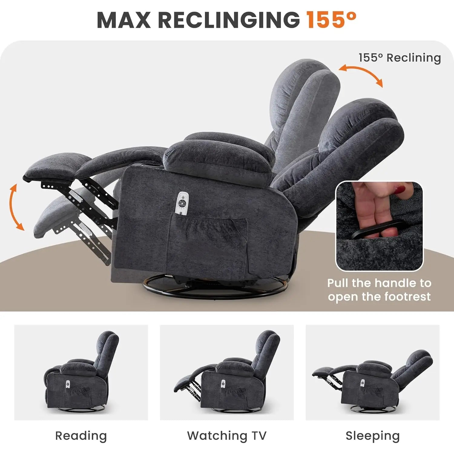 Swivel Recliner Chair w/ Massage & Heat, Rocker, Side Pocket & 2 Cup Holders, Living Room, Customized