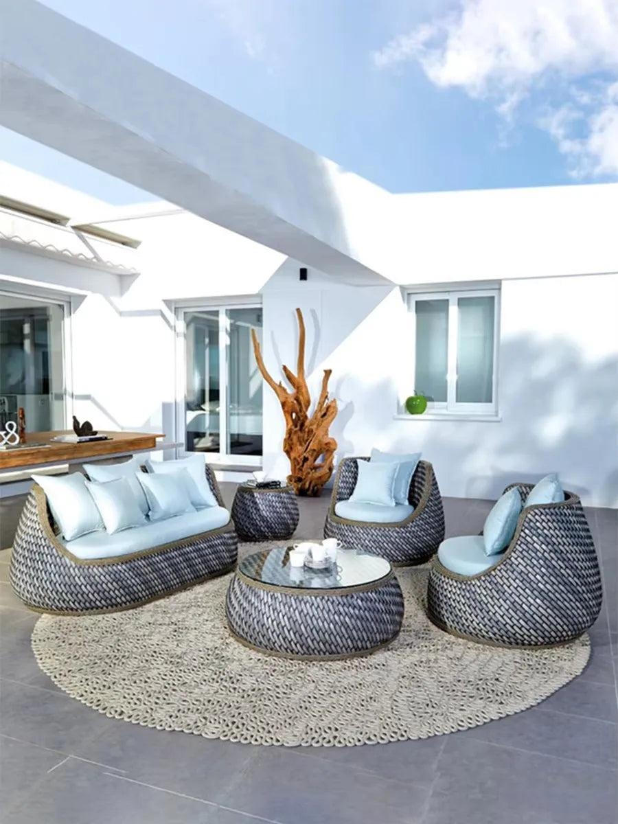 A complete set of outdoor waterproof rattan chair sofas suitable for villa courtyard garden balcony