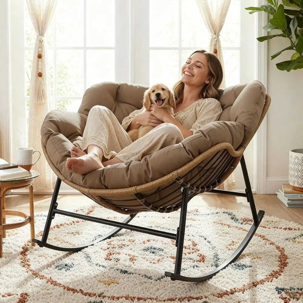 Outdoor Papasan Rocking Chair with Cushion and e, Oversized Large Patio Lounge Chairs, Rattan Comy Egg Recliner Chair, 450 Lbs a