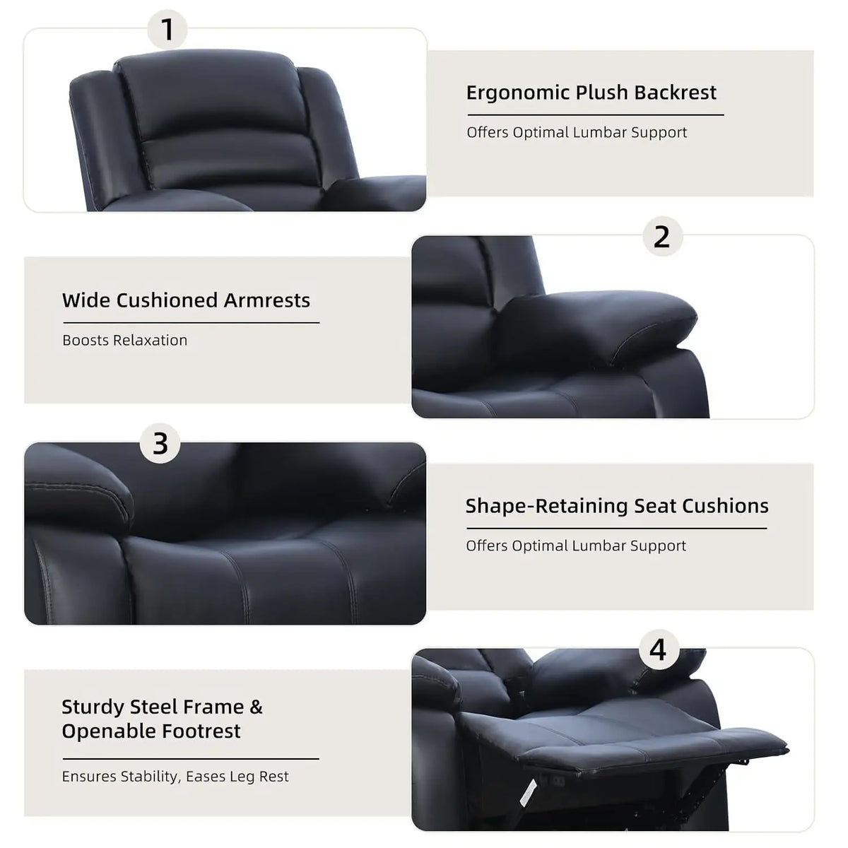 Manual Recliner Chair, Faux Leather Overstuffed Arm & Back Classic Single Sofa for Living Room & Bedroom, Black, Customized