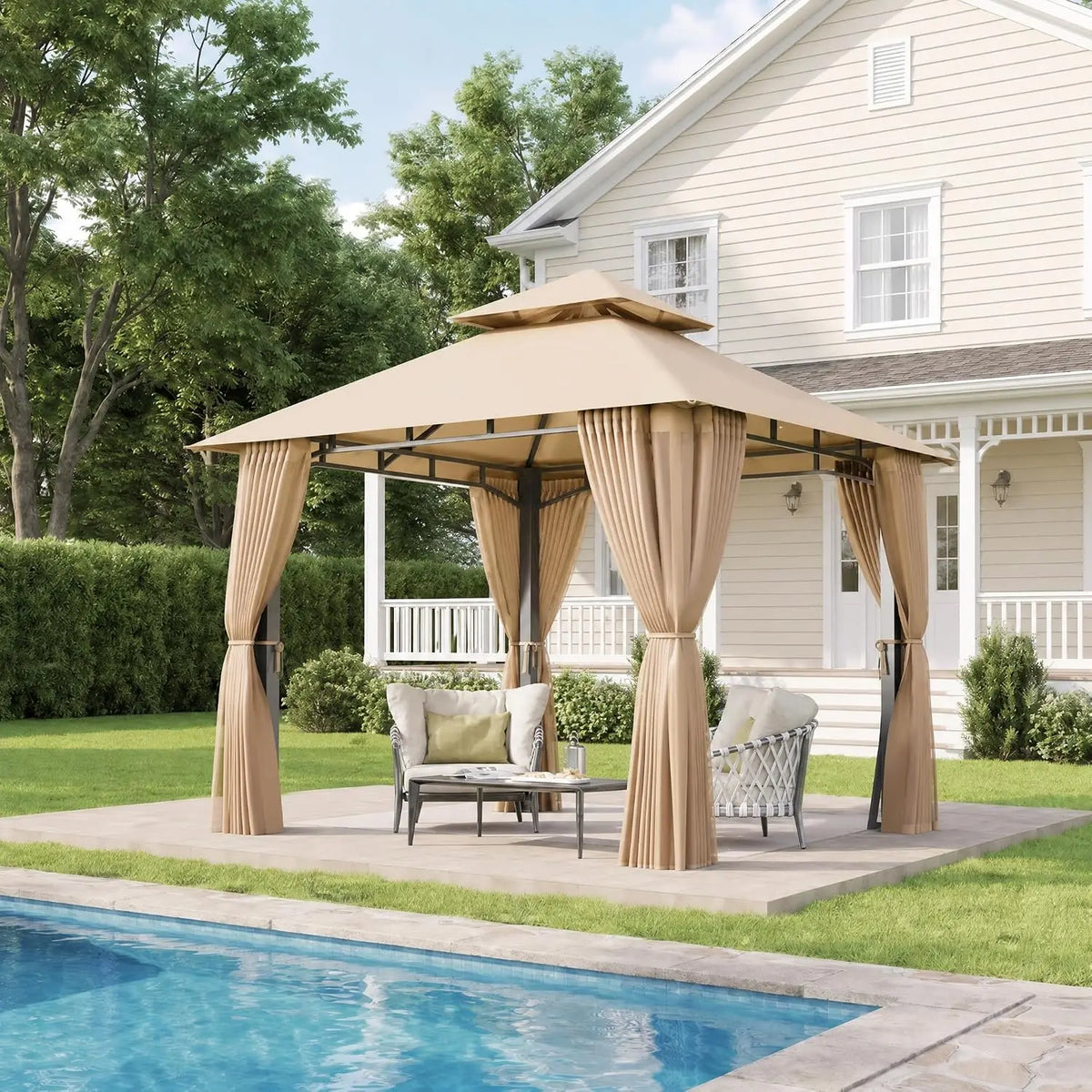 8'x8' Gazebo with Double Roof & Mosquito Netting, Beige, Customized