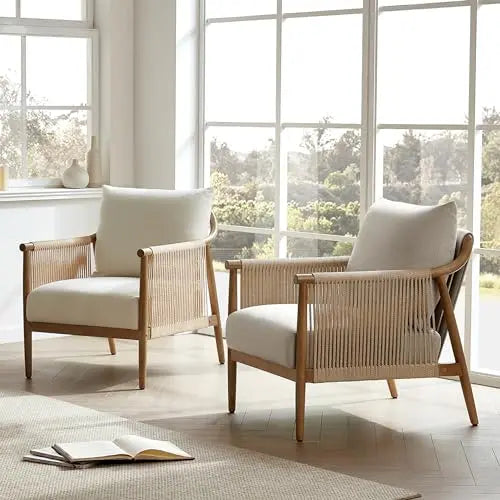 Braid Accent Chair with Wood Frame and Paper Cord Armrest, Cream | Boho Reading Armchair, FSC Certified Solid Wood
