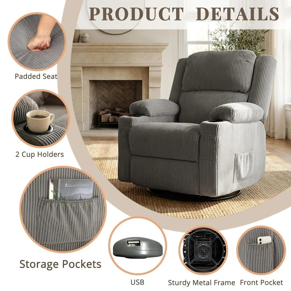 Swivel Rocker Recliner Chair with Heat & Vibration Massage, USB Port, Lounge Sofa for Living Room, Custom