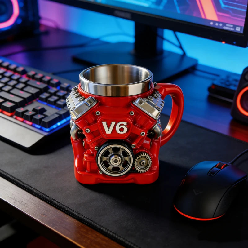 V8/V6 Engine Shape Coffee Mug Creative Stainless Steel Liner Car Enthusiast Gift Red Mechanical Style Cup