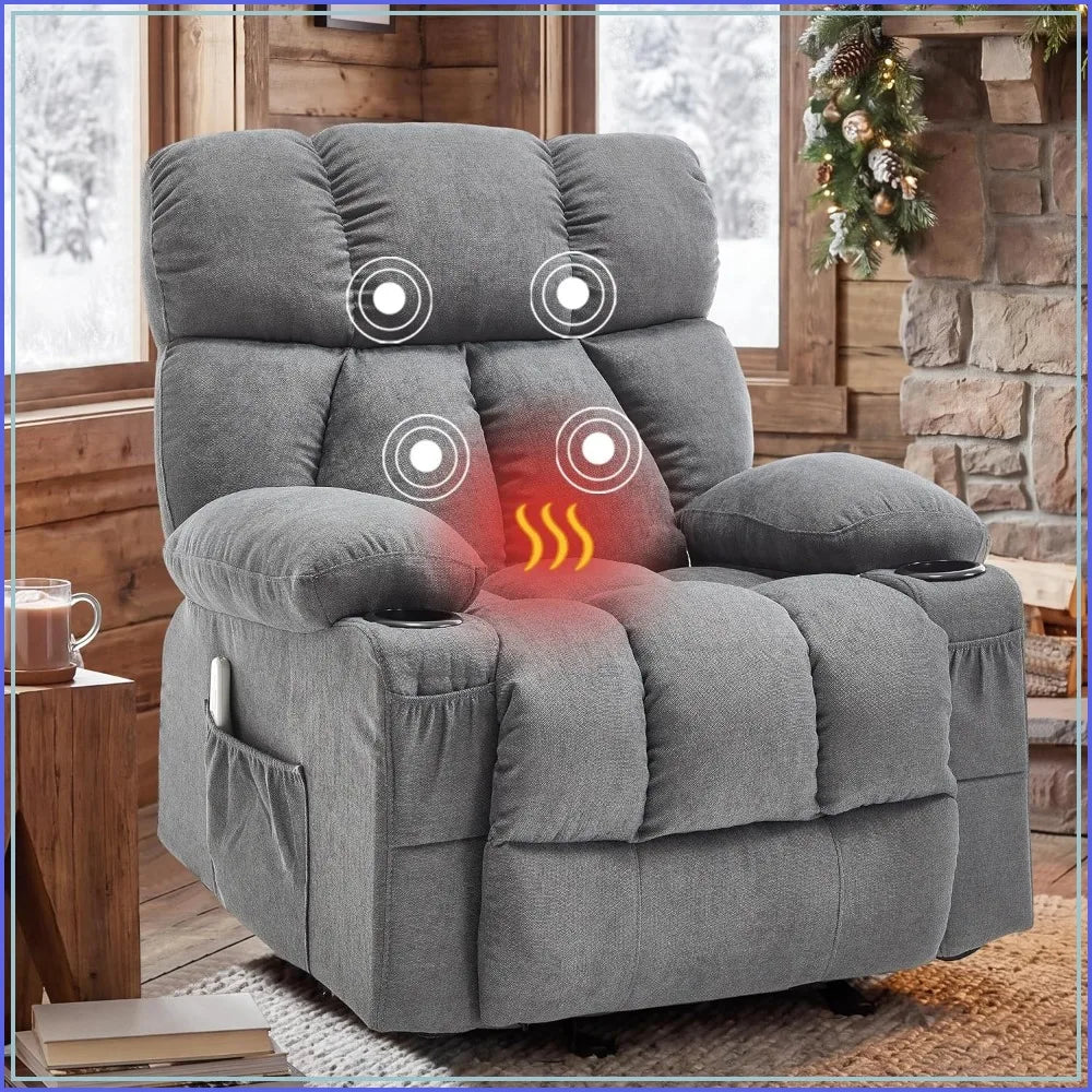 Massage Rocking Recliner Chair with Heat, USB, Cup Holders, Grey