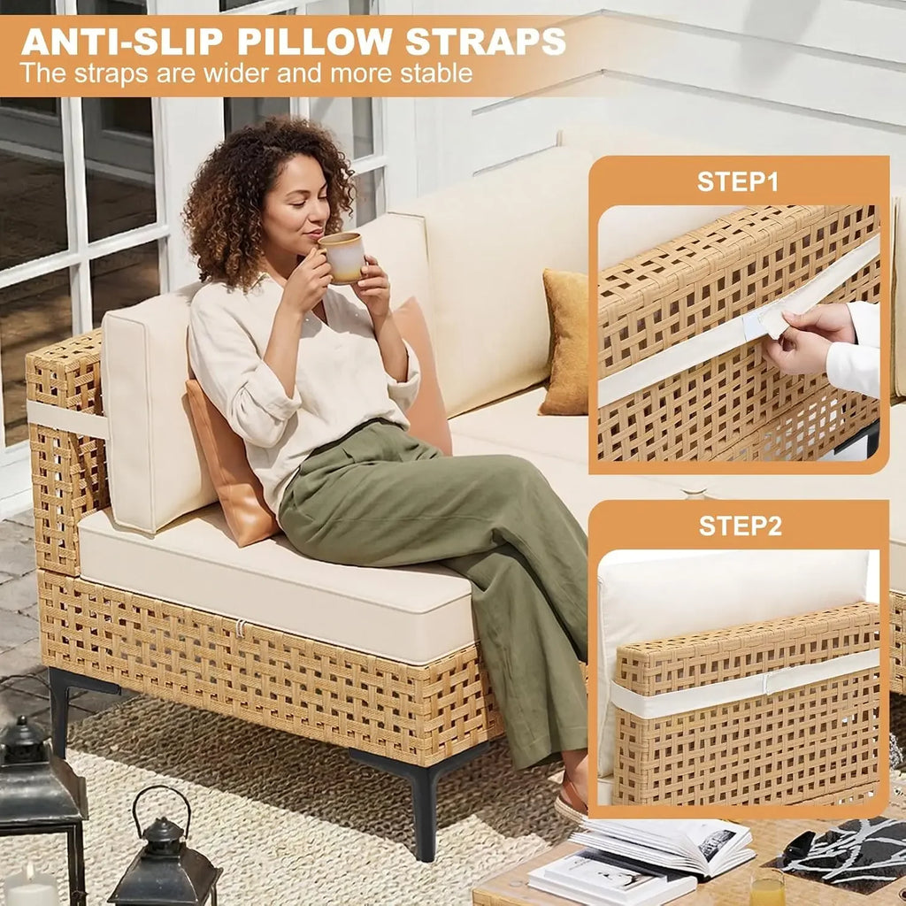 7-Piece Patio Furniture Set With Non-Slip Cushions & Coffee Table | 6 Seats All Weather Wicker Outdoor Sectional Set