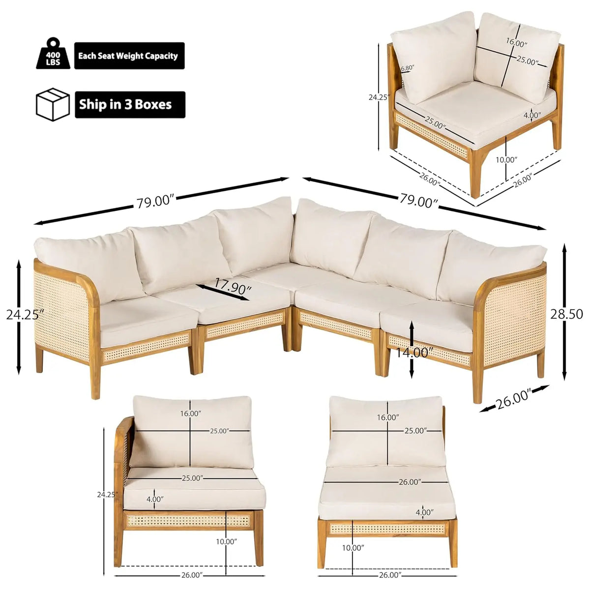 5 Piece Patio Outdoor Furniture Set, All-Weather Rattan Wicker L-Shaped Sectional Sofa w/Cushions, Acacia Wood, Customized