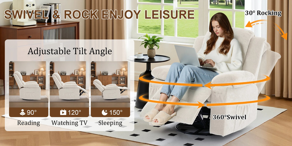 Korser Swivel Small Rocker Recliner Chair with Massage Chenille fabric Folding Armchair for Living Room，Bedroom