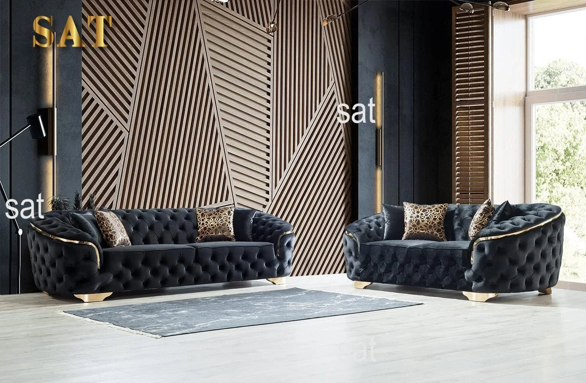 A Light Luxury Living Room Black Velvet 2 Seater Sofa With Gold Leg Upholstered Tufting Loveseat Lounge Sofas Couch Sets