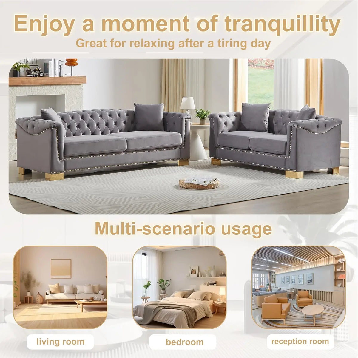 Grey Velvet Chesterfield Sofa & Loveseat Set 3-Seater 84" Loveseat 62" Rolled Arm 4 Cushion Living Room Furniture, Customized