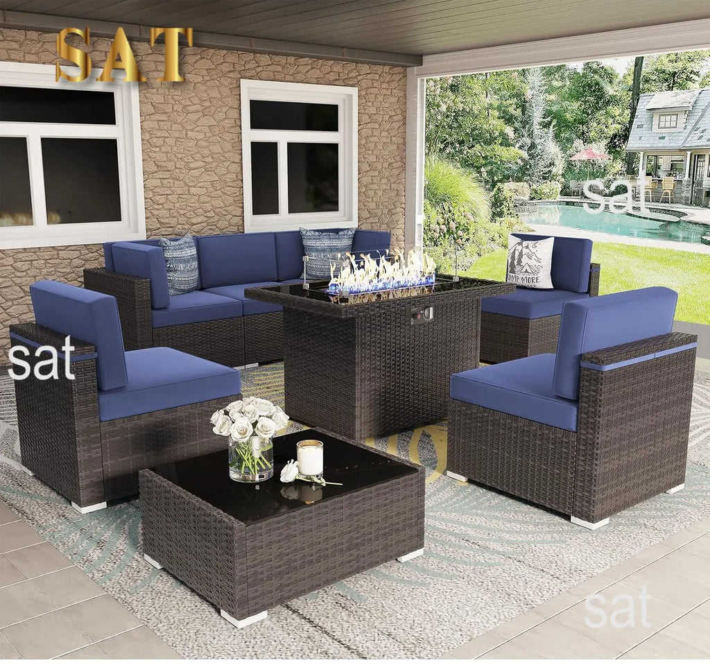 u*-8 Pieces Patio Furniture Set With 44" Propane Gas Fire Pit Table, Outdoor Sectional Brown Rattan Wicker, Customized