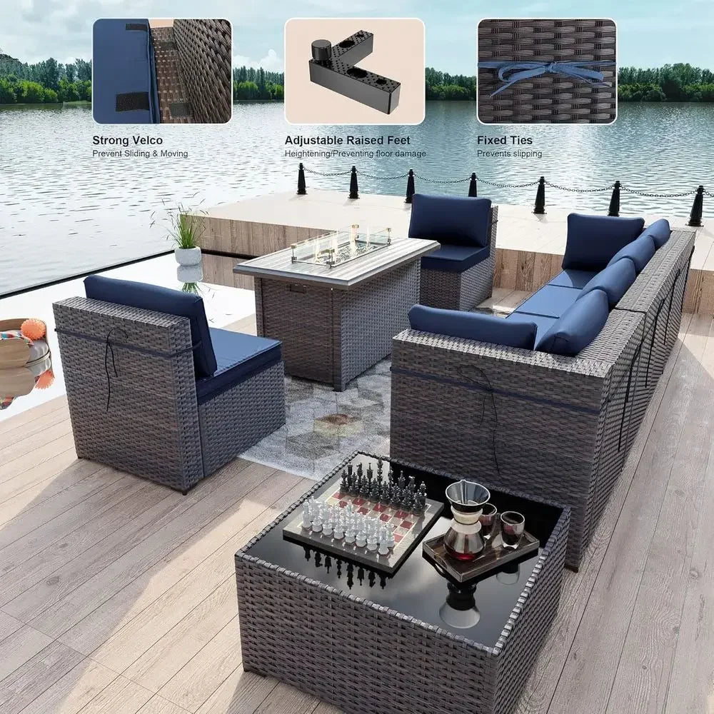 8 Pieces Outdoor Patio urniture Set with 43" 55000Gas Propane ire Pit Table PE Wicker Rattan Sectional Soa Patio Contion Sets,Na