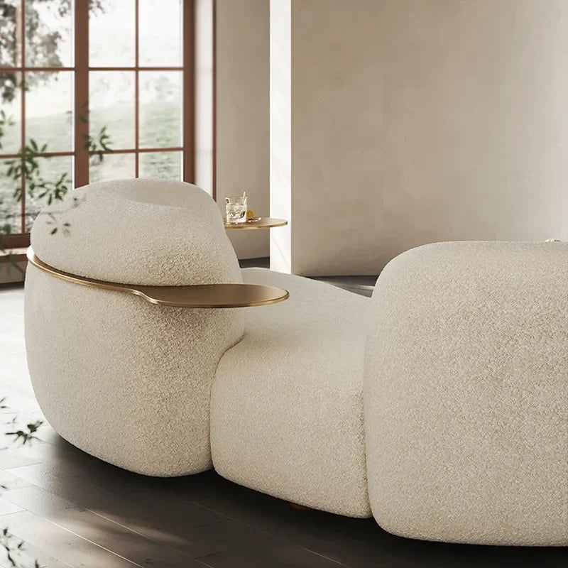 Italian Minimalist Curved Sofa Special Shaped Cashew Nut Fabric Lamb Wool Cream Color Wabi Sandy Wind Designer Beauty Salon
