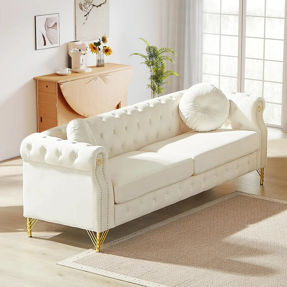 Sofa, Tufted Velvet Nailhead Trim Gold Legs, 3-Seater Deep Seat Living Room Bedroom Office 82" Beige, Customized
