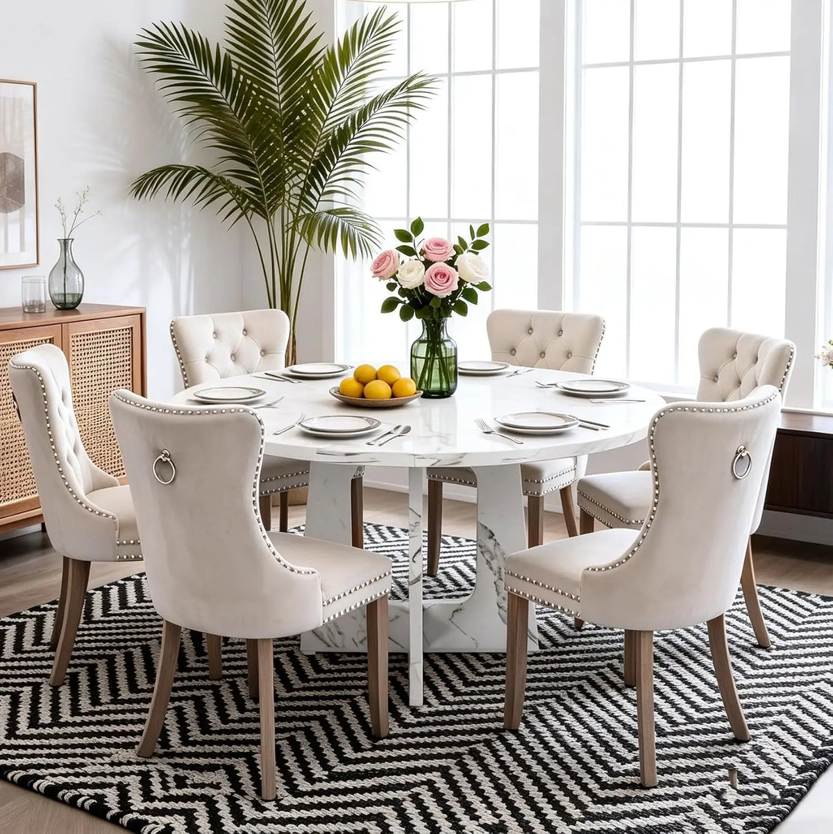 7-Piece Round Dining Table Set for 6, 47" Black Farmhouse Kitchen Table with 6 Gray Velvet Tufted Chairs, Modern Circle, Custom
