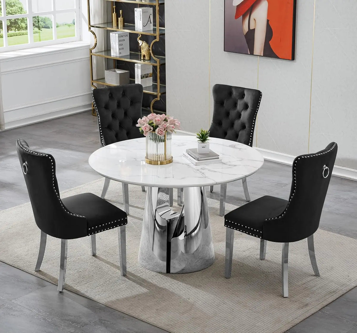 Round Dining Table 4-6 Person, 45" Faux Marble Top & Mirrored Steel Base, Modern Circle Kitchen Room Table, Customized