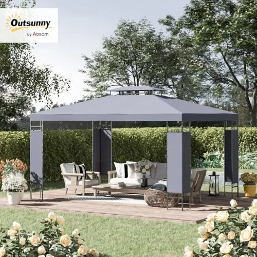 10' x 13' Patio Gazebo Double Roof Outdoor  Shelter with Sn in Brown Fe for Garden Lawn Backyard Deck