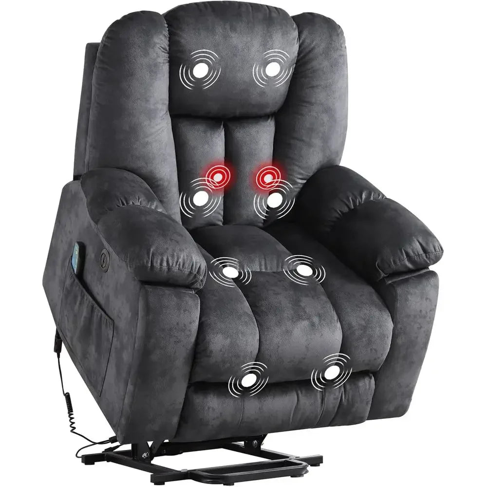 Oversized Recliner with Massage, Heat, USB Port, and Safety Mechanism for Elderly, Gray