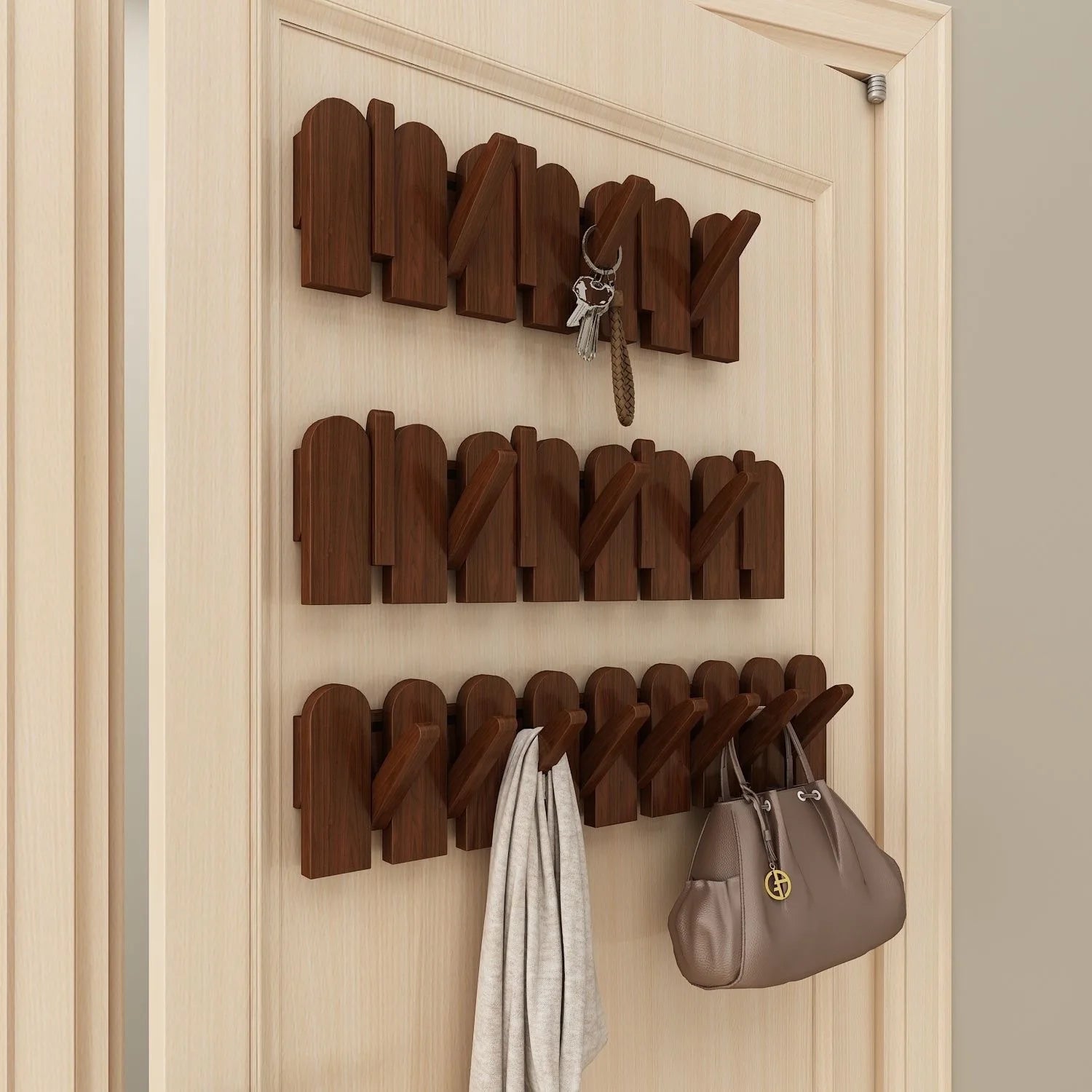 Piano Key Hanging Rack - Wall-Mounted Wooden Hook with Multiple Compartments for Clothes, Hats, Bags, Entryway Organizer