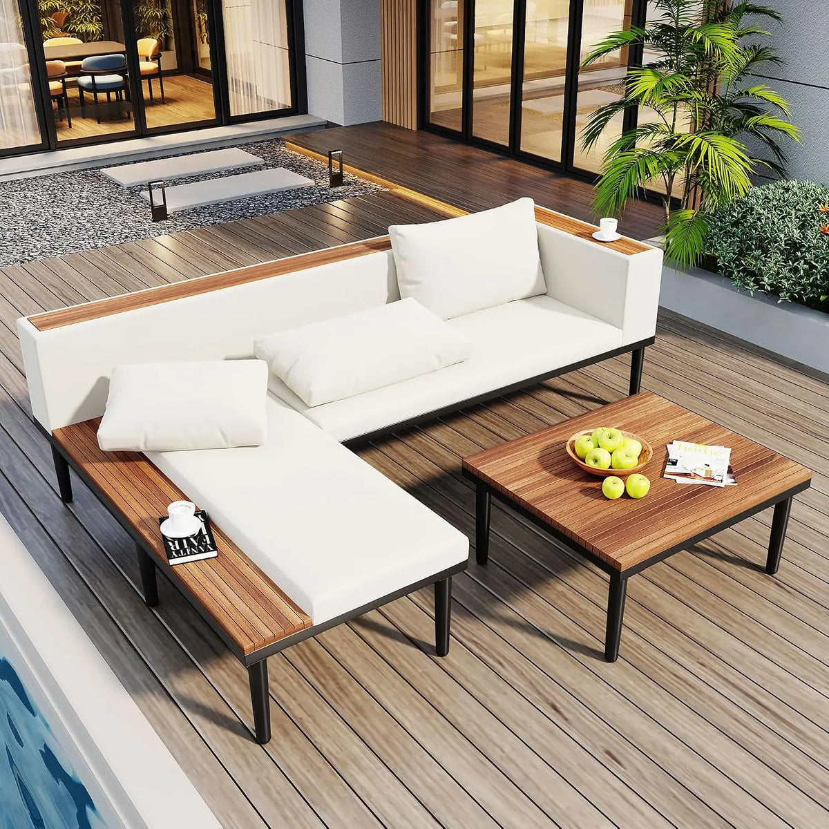 4-Piece Patio Set, All Weather Sectional w/ 2 Chairs, Loveseat & Table, Acacia Wood Outdoor Furniture with Cushions, Customized
