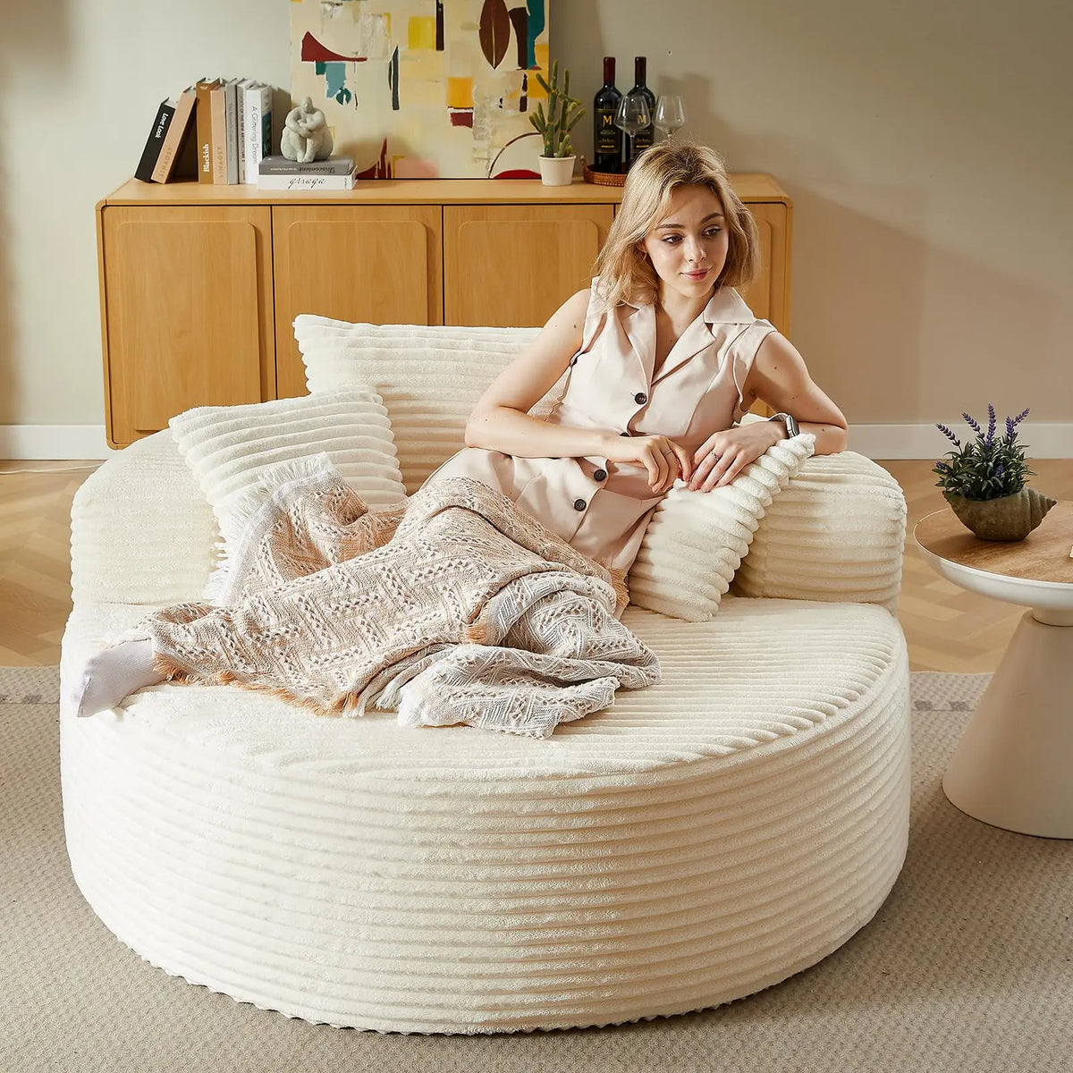 55'' Oversized Corduroy Chaise Lounge Chair, Beige | Cloud-t oversized chaise with deep seat, no assembly, made for