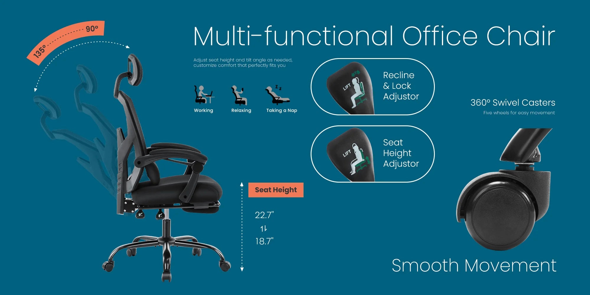 MCQ High Back Ergonomic Reclining Gaming Office Chair with Lumbar Support Pillow Mesh Swivel Rolling Rocking Computer Desk Chair
