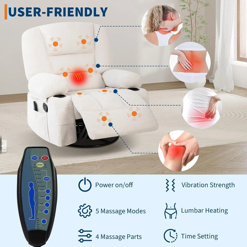 Oversized Recliner Chair, Massage Rocker, 360 Swivel, Heat, USB 350 LB Capacity, 8-Point Vibration, Lumbar Heat, 145° Recline, 2 Cup Holders, USB Port, Side Pocket And Retractable Footrest
