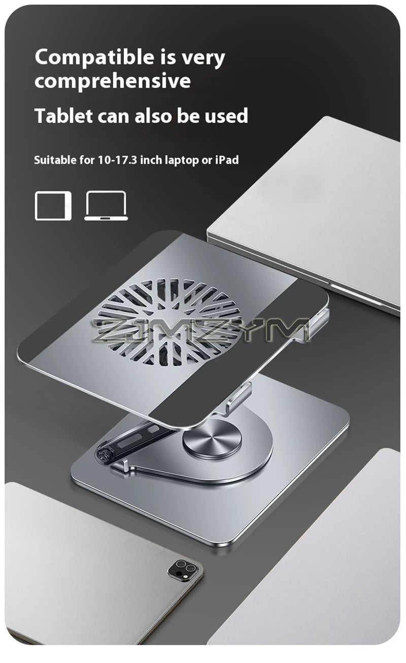 Desktop Laptop Stand 360° Rotatable Metal Tablet Cooling Stand with Folding Fan Radiator Support Lift Anti-skid