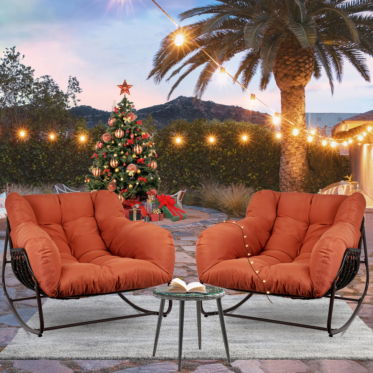 The Papasan rocking chair is suitable for outdoor use. This all-weather wicker Papasan patio chaircomeswithcushions and pillows.