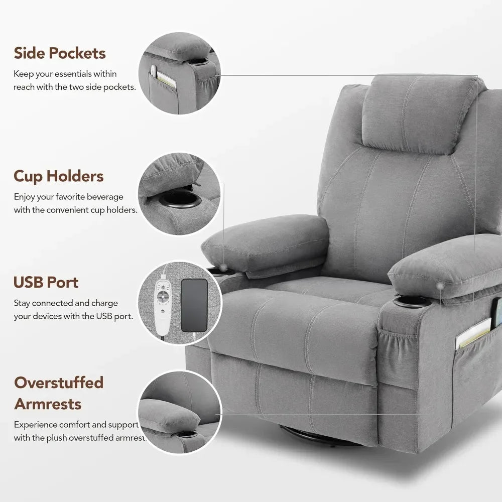 Rotating Joystick Lounge Chair with Heating and Massage, 360 Degree Rotating Lounge Chair with Cup Holder and USB Port