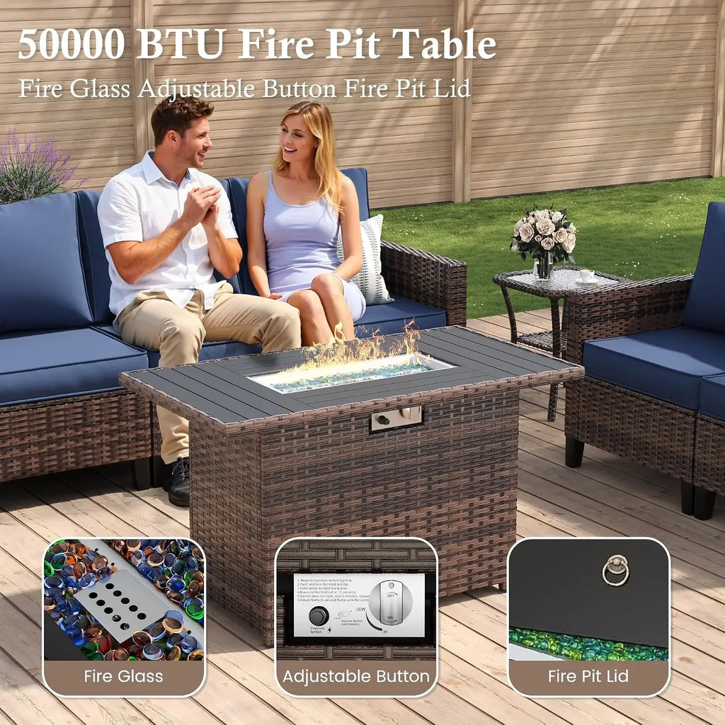 Amopatio Patio Furniture Set with Fire Pit Table, Wicker Outdoor Sectional Sofa with Swivel Rocker Chairs, All-Weather Rattan Co