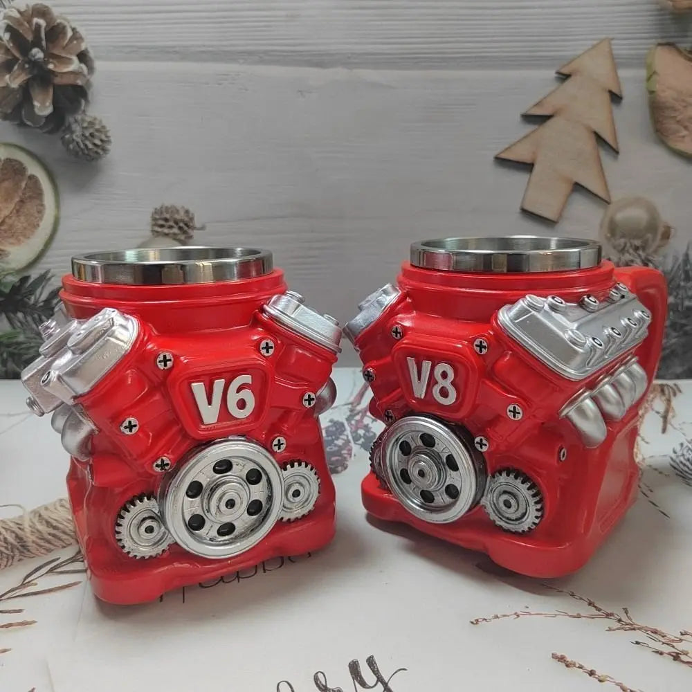 Retro Engine Coffee Mug with Handle 300ML 15oz V6 Engines Stainless Steel Cup Realistic Design Double Wall Insulation Car Mug