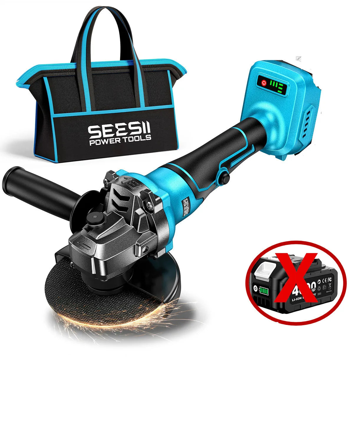 SEESII Angle Grinder Tool Cordless Brushless 4 1/2 Inch Variable Speed Settings 10000RPM Handheld Electric Power Tool with Cutting Wheels and Flap Wheels 4.0 Battery