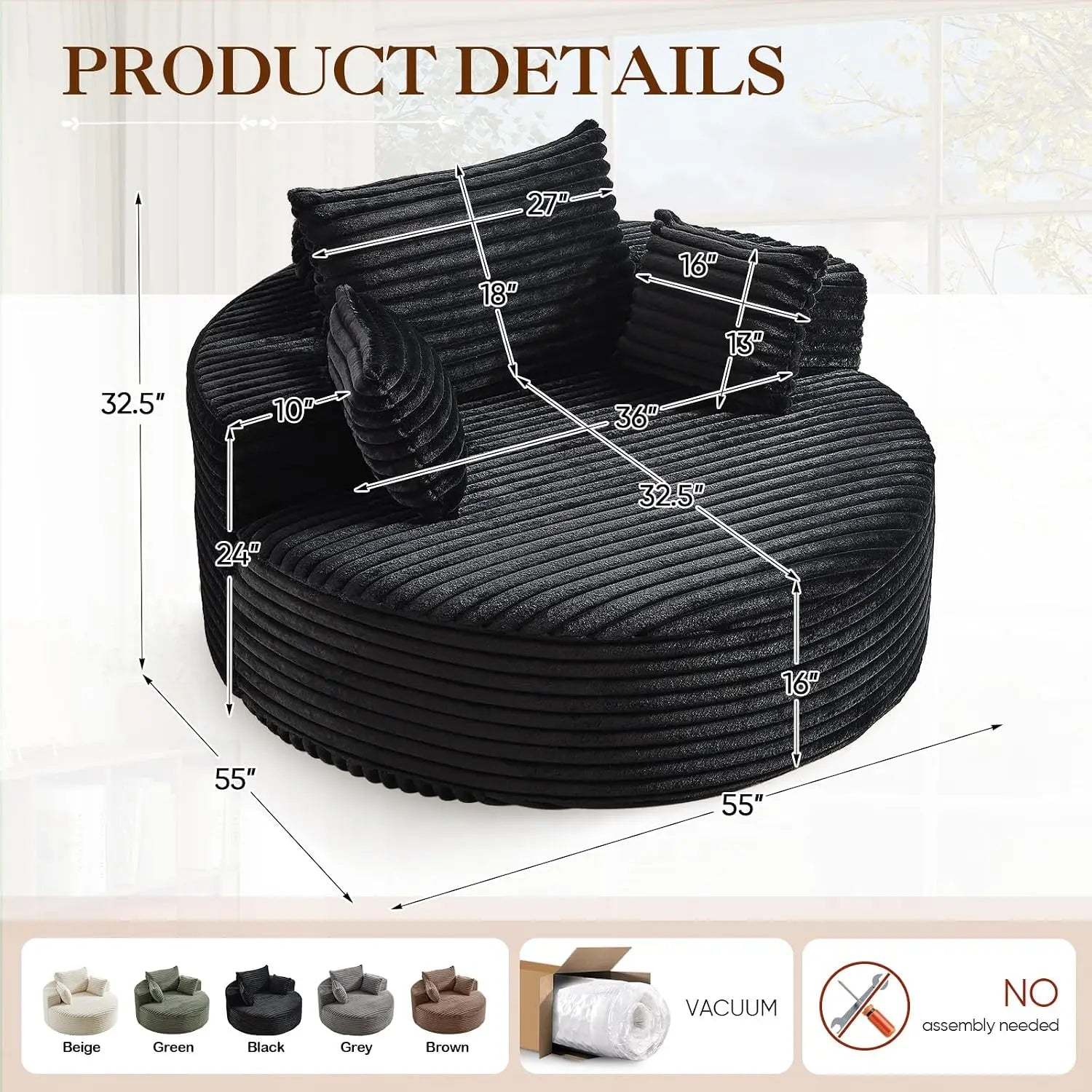 Round Chaise Longue Chair Indoor, Modern 55-inch Upholstered Corduroy Deep Seat Circle Single Cloud Lounge, Customized