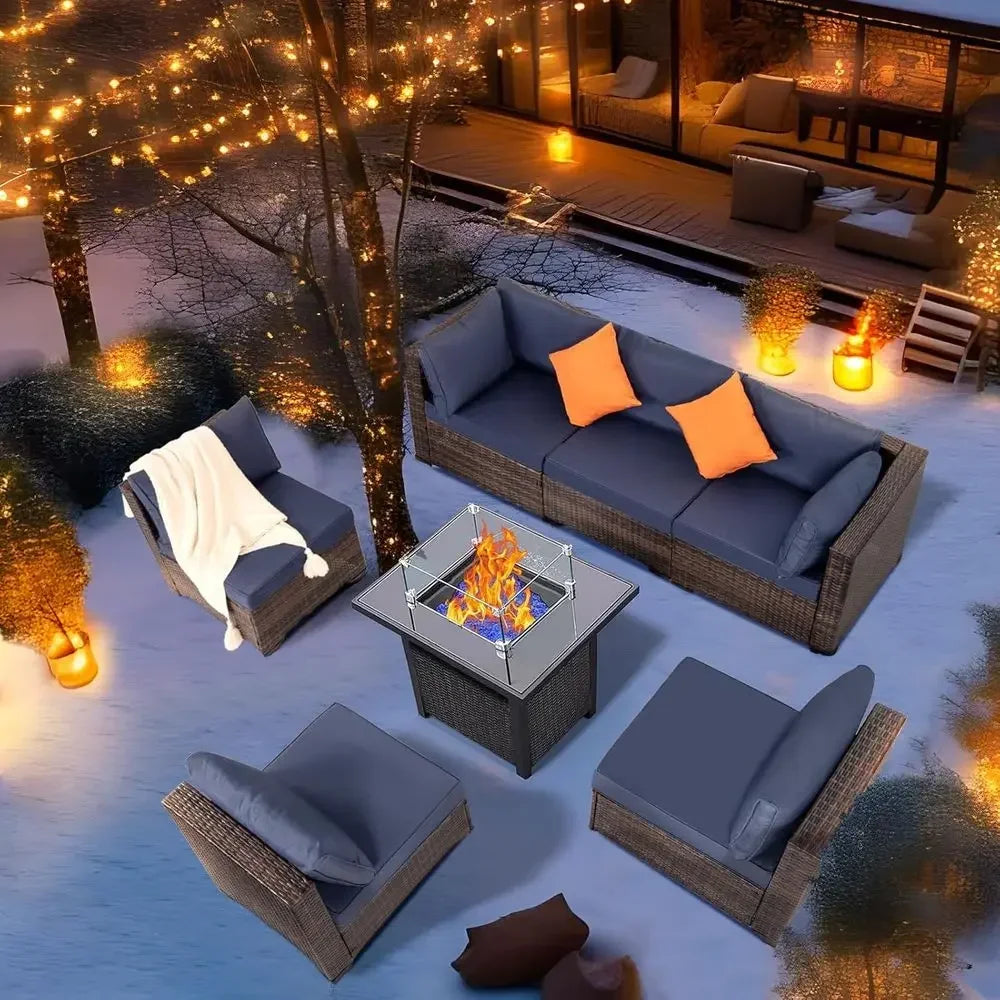 8-Piece Outdoor Patio Furniture Set with Fire Pit, Wicker Sectional Sofa, Thick Cushions & Coffee Table - Ideal for Backyard, Po