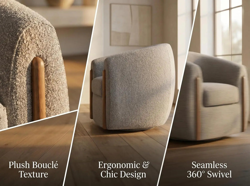 Aspen Bouclé Swivel Barrel Chair with Wood Accents – 360° Rotating Accent Armchair, High-Density Foam Cushioning,, Customized