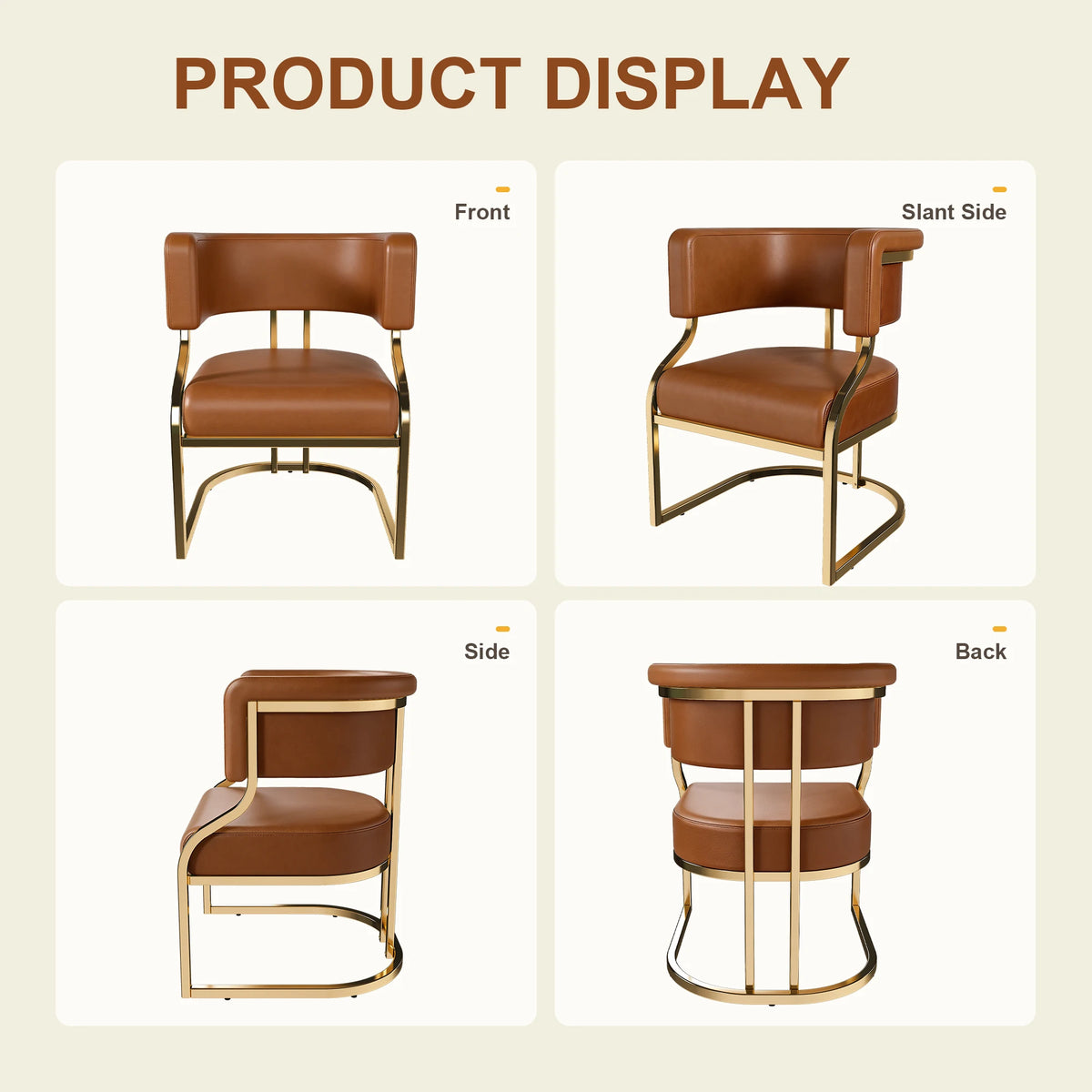 Modern Dining Chairs Set Of 2 With Gold Metal Legs, PU Leather Upholstered Kitchen Chairs, Brown