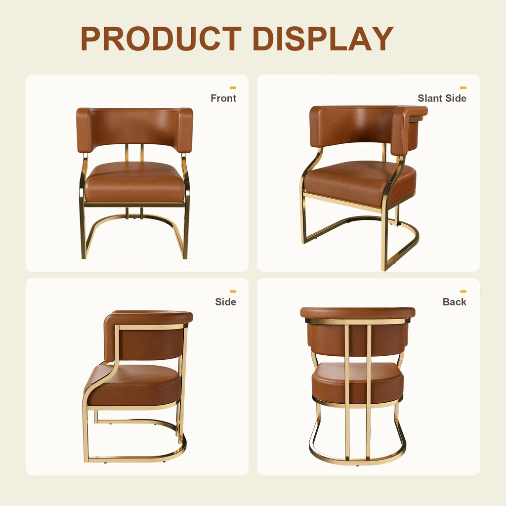 Modern Dining Chairs Set Of 2 With Gold Metal Legs, PU Leather Upholstered Kitchen Chairs, Brown