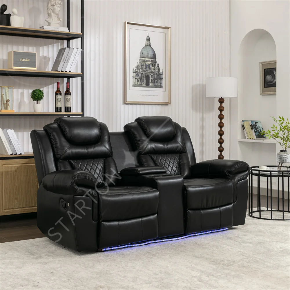 2-seat Black Faux Leather Smart Electric Sofa Recliner Chair Couple Manual Reclining Sofa Chair  Supplier with Cup Holder LED