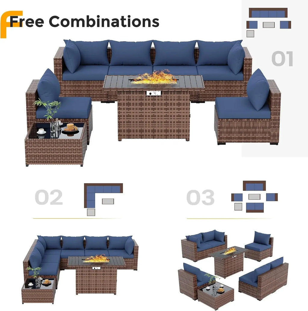 UDPATIO Outdoor Furniture 8-Piece Wicker Patio Set with 44" Fire Pit Table