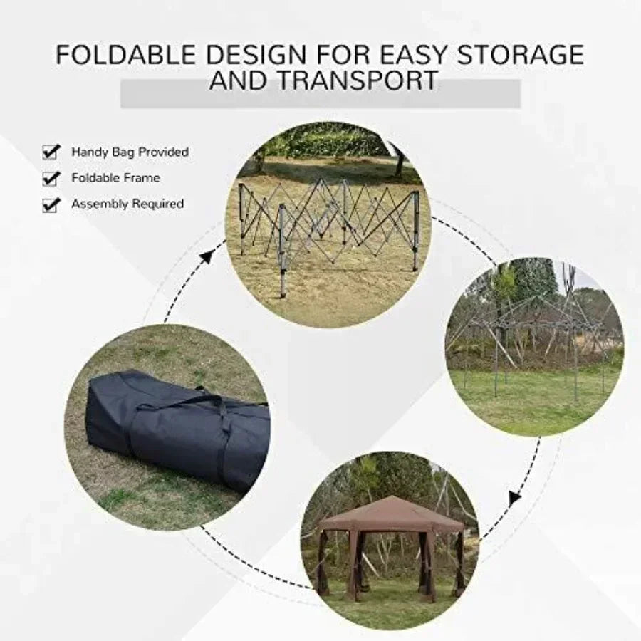 13' x 11' Hexagonal Pop Up Gazebo Heavy Duty Outdoor  Tent with 6 Mesh Sidewall Netting 3-Level Adjustable Height and Strong St