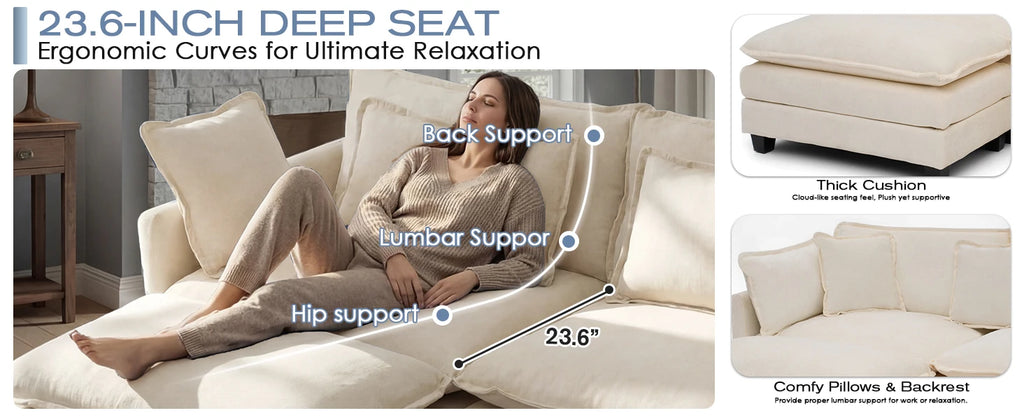 Redlife 113.4" Modular Sectional Sofa with Ottoman, Comfy Cloud Couch with Deep Seat (23.6" D), Solid Wood Frame,for Living Room