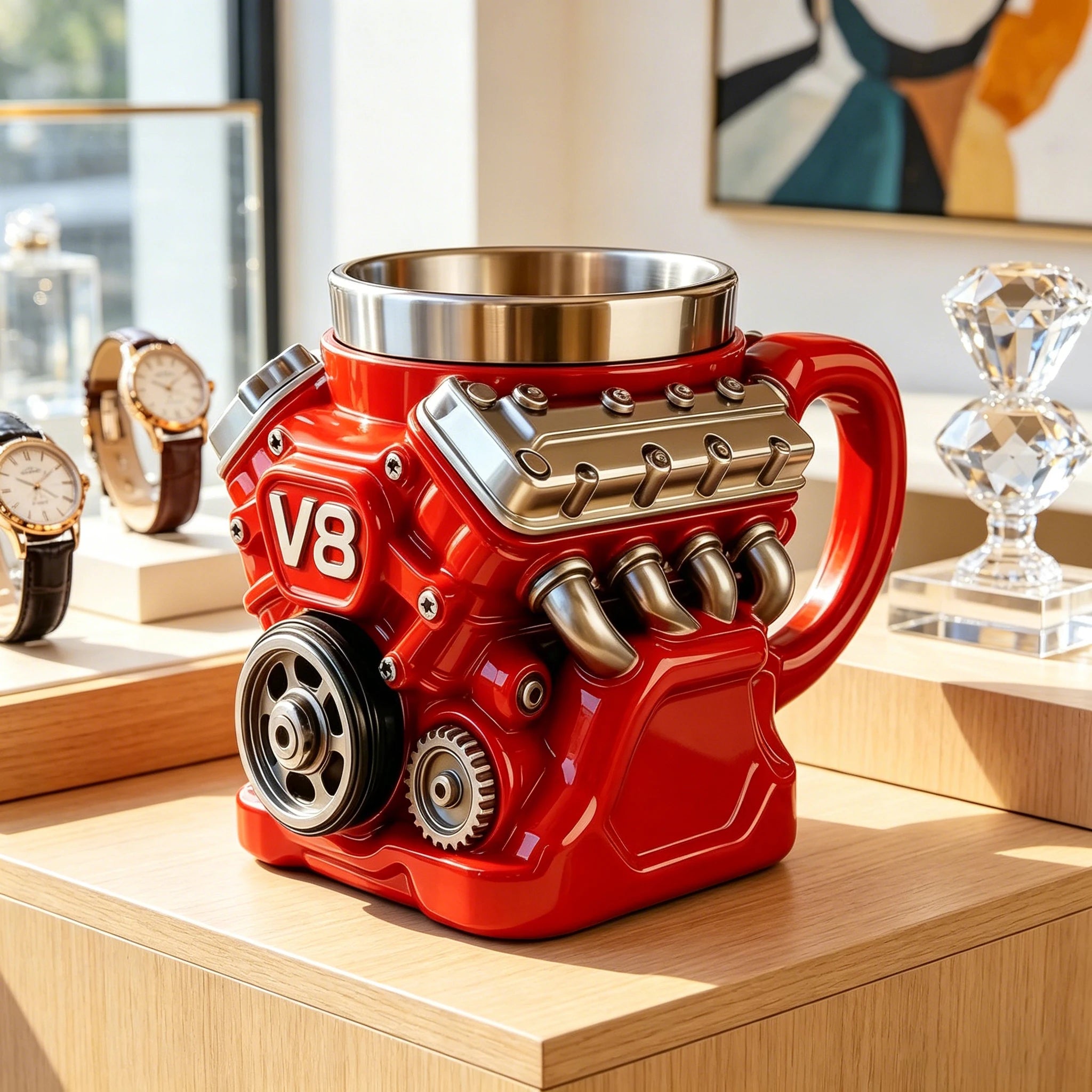 Engine coffee cup/rocket shaped coffee cup set, 304 stainless steel inner liner, durable resin shell, unique V8 car engine cylinder body and retro rocket ship design water cup, multifunctional and fun decorative desktop ornam